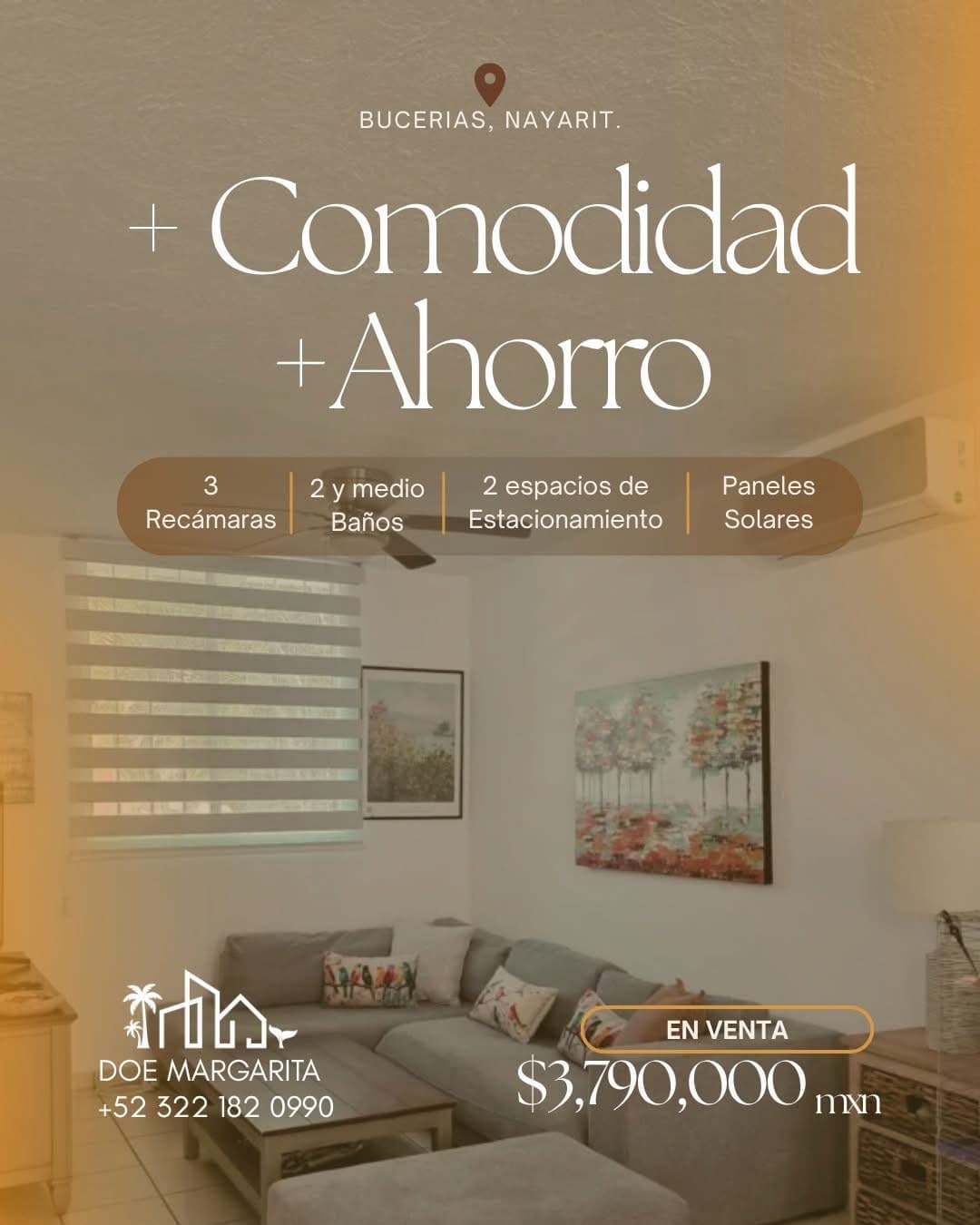 Creativo de un anuncio inmobiliario: sala de una casa amueblada, los metros y amenidades en una fila de chips, y el precio de venta